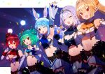  5girls :d ;d animal_ear_fluff animal_ears arm_up armpits ascot bangs blonde_hair blue_ascot blue_hair braid breasts carrot_hair_ornament closed_eyes commentary_request confetti detached_sleeves double_bun elbow_gloves eyebrows_visible_through_hair flat_chest food-themed_hair_ornament gloves green_hair hair_between_eyes hair_ornament hat highres hololive hololive_fantasy houshou_marine large_breasts long_hair long_sleeves looking_away medium_breasts mini_hat multicolored_hair multiple_girls navel one_eye_closed orange_ascot pointy_ears ponytail rabbit_ears red_ascot red_eyes red_hair shiranui_flare shirogane_noel short_eyebrows short_hair signature simple_background skirt small_breasts smile stomach striped sweat teeth thick_eyebrows tiara twin_braids twintails two-tone_hair upper_teeth uruha_rushia usada_pekora virtual_youtuber white_gloves white_hair white_skirt wrist_cuffs zenshin 