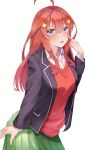  1girl absurdres ahoge bangs black_jacket blazer blue_eyes blush breasts cardigan collared_shirt commentary_request go-toubun_no_hanayome green_skirt hair_between_eyes hair_ornament highres jacket long_hair long_sleeves looking_at_viewer nakano_itsuki open_clothes open_jacket open_mouth pleated_skirt red_cardigan red_hair school_uniform shirt sidelocks simple_background skirt solo star_(symbol) star_hair_ornament tongue tongue_out white_background white_shirt yuunamida_uyu 