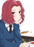  1girl blue_sweater blurry blurry_background blurry_foreground blush classroom closed_mouth commentary depth_of_field dress_shirt flying_sweatdrops frown girls_und_panzer head_rest highres holding holding_pen indoors long_sleeves looking_at_viewer medium_hair necktie orange_eyes pen red_hair rosehip_(girls_und_panzer) school_uniform shirt solo st._gloriana&#039;s_school_uniform sunlight sweatdrop sweater v-neck white_shirt wing_collar zono_(inokura_syuzo029) 