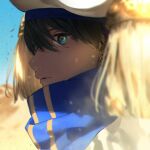  1boy bangs black_hair blue_eyes blue_scarf dappled_sunlight day desert dust earrings free! from_side hana_(dqkmb362) hat hoop_earrings jewelry looking_at_viewer male_focus nanase_haruka_(free!) outdoors profile sand scarf solo sunlight tassel 