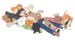  1girl :p blush bone brown_hair closed_eyes denim jeans long_hair lying on_back open_mouth original pants pomeranian_(dog) simple_background sleeping socks sweater tail tail_wagging tongue tongue_out too_many too_many_dogs turtleneck turtleneck_sweater umishima_senbon 