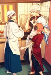  apron black_hair chinese_clothes cooking duplicate from_behind gintama glasses hair_ornament hand_on_another&#039;s_head indoors japanese_clothes kagura_(gintama) orange_hair pixel-perfect_duplicate pushing_away sakata_gintoki shimura_shinpachi short_hair szzz_k tasting white_hair 