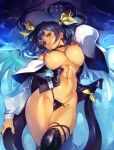  1girl angel_wings areolae asymmetrical_wings bangs bare_shoulders belt blue_hair breasts choker commentary curvy detached_sleeves dizzy_(guilty_gear) english_commentary english_text eyebrows_visible_through_hair green_wings guilty_gear guilty_gear_x guilty_gear_xx hair_ribbon hair_rings head_tilt highres large_breasts long_sleeves lying navel nipples on_back optionaltypo puffy_long_sleeves puffy_sleeves red_eyes ribbon signature skindentation solo stomach tail tail_ornament tail_ribbon thick_thighs thighs toned topless twintails underboob untied water white_wings wings yellow_ribbon 