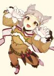  1girl :d animal_ears bangs blunt_bangs bodysuit breasts cat_ears commentary facial_mark fang fang_out flat_chest full_body gloves highres looking_at_viewer namicha nia_(xenoblade) short_hair silver_hair small_breasts smile solo white_gloves xenoblade_chronicles_(series) xenoblade_chronicles_2 yellow_bodysuit yellow_eyes 