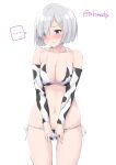  ... 1girl alternate_costume animal_print bikini blue_eyes breasts bridal_gauntlets cleavage commentary_request covering covering_crotch cow_print cowboy_shot hair_ornament hair_over_one_eye hairclip hamakaze_(kancolle) highres kantai_collection large_breasts looking_to_the_side one-hour_drawing_challenge short_hair side-tie_bikini silver_hair simple_background solo spoken_ellipsis standing swimsuit takomeshi twitter_username white_background white_bikini 