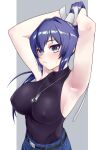  1girl armpits arms_up bangs belt black_shirt blush breasts collarbone commentary_request denim dog_tags grey_background hair_between_eyes halterneck high_ponytail jeans jewelry large_breasts long_hair looking_at_viewer mitsurugi_meiya muvluv muvluv_alternative necklace pants ponytail shirt skin_tight solo sugiyamayosihuru sweatdrop upper_body 