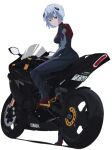  1girl absurdres ayanami_rei bangs blue_hair bodysuit breasts closed_mouth commentary evangelion:_3.0_you_can_(not)_redo film_grain foot_up from_side full_body grey_bodysuit ground_vehicle hair_between_eyes highres interface_headset license_plate looking_at_viewer looking_back motor_vehicle motorcycle neon_genesis_evangelion on_motorcycle plugsuit rebuild_of_evangelion red_eyes sakurayama_(59_sakurayama) short_hair simple_background sitting small_breasts solo white_background yamaha yamaha_yzf-r6 