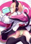  1girl black_legwear blonde_hair blue_archive blush bow cat_ear_headphones cat_tail green_panties hair_bow halo handheld_game_console headphones highres jacket long_sleeves lying mishima_hiroji momoi_(blue_archive) nintendo_switch on_stomach open_mouth panties pink_eyes playing_games pleated_skirt polka_dot polka_dot_panties skirt solo tail thighhighs underwear white_jacket 