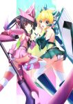  2girls akatsuki_kirika ass black_hair blonde_hair blush breasts eyebrows_visible_through_hair green_eyes long_hair looking_at_viewer medium_breasts microskirt multiple_girls open_mouth panties purple_eyes senki_zesshou_symphogear shiny shiny_hair skirt small_breasts smile striped striped_legwear striped_panties thighhighs tsukuyomi_shirabe underwear wada_chiyon white_legwear white_panties 