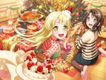  2girls :d bang_dream! bangs blonde_hair box brown_hair cake christmas christmas_cake christmas_lights christmas_ornaments christmas_tree commentary_request diagonal_bangs food fruit gift gift_box grey_eyes hair_ornament hairclip hat korean_commentary long_hair looking_at_viewer looking_to_the_side medium_hair michelle_(bang_dream!) mini_hat miniskirt multiple_girls official_art okusawa_misaki pantyhose plaid plaid_shirt running santa_hat shirt sitting skirt slippers smile strawberry striped striped_sweater stuffed_animal stuffed_toy sweatdrop sweater teddy_bear teeth third-party_source tsurumaki_kokoro turkey_(food) upper_teeth yellow_eyes 