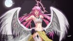  1girl angel angel_wings artist_name bb_marioni breasts commentary crop_top cross english_commentary evil_smile feathered_wings feathers gloves halo highres jibril_(no_game_no_life) long_hair looking_at_viewer low_wings magic_circle medium_breasts midriff moon navel night no_game_no_life open_mouth panties pink_eyes pink_hair sideboob single_thighhigh smile solo symbol-shaped_pupils tattoo thighhighs underwear very_long_hair white_panties white_wings wing_ears wings 