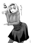  1girl alice_margatroid commentary_request contrapposto cowboy_shot greyscale hairband high-waist_skirt highres koyubi_(littlefinger1988) long_sleeves looking_at_viewer monochrome open_mouth pantyhose pleated_skirt ribbed_sweater shanghai_doll skirt smile solo sweater touhou translation_request turtleneck turtleneck_sweater 