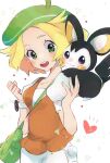  1girl bag bianca_(pokemon) blonde_hair blush commentary emolga fingernails green_bag green_eyes green_headwear hands_up hat heart looking_to_the_side misha_(ohds101) open_mouth pokemon pokemon_(creature) pokemon_(game) pokemon_bw short_hair short_sleeves shoulder_bag teeth tongue 