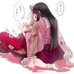  2girls black_hair blush commentary fujiwara_no_mokou highres houraisan_kaguya long_hair long_sleeves mokoiscat multiple_girls nipple_tweak open_mouth sitting sweat touhou translated white_background white_hair wide_sleeves yuri 