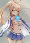  1girl 3d_background absurdres armpits ascot ayanami_(azur_lane) azur_lane bangs blue_skirt blurry choker collarbone commentary_request depth_of_field detached_sleeves eyebrows_visible_through_hair grey_background groin hair_between_eyes hair_ornament hairclip hands_on_own_chest headgear highres leaning_forward long_hair long_sleeves looking_at_viewer mamiya_yuki mental_cube_(azur_lane) navel orange_eyes pleated_skirt ponytail retrofit_(azur_lane) ribbon-trimmed_sleeves ribbon_trim school_uniform serafuku sidelocks silver_hair simple_background skirt solo stomach thighhighs wide_sleeves zettai_ryouiki 