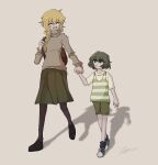  2girls black_eyes black_hair blonde_hair braid child closed_eyes cousins dark_skin harriet_lily highres holding_hands long_hair long_skirt marina_lily multiple_girls pantyhose short_hair shorts side_braid skirt smile turtle_head turtleneck walking younger 