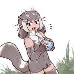  0x0082 1boy animal_ears antenna_hair bangs bulge covered_navel dutch_angle elbow_gloves extra_ears eyebrows_visible_through_hair fangs fingerless_gloves food genderswap genderswap_(ftm) giant_otter_(kemono_friends) gloves grey_hair highres holding holding_food japari_bun kemono_friends looking_at_viewer male_focus medium_hair multicolored_hair one-piece_swimsuit open_mouth otter_girl otter_tail parted_bangs sidelocks sleeveless solo swimsuit tail tan thighhighs tsurime two-tone_hair zipper zipper_pull_tab 