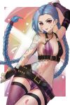  1girl angdo_(kakajo26) arm_tattoo arm_up bare_shoulders belt blue_hair braid breasts brown_belt bullet cloud_tattoo collarbone fingerless_gloves gloves highres jewelry jinx_(league_of_legends) league_of_legends long_hair looking_at_viewer nail_polish navel necklace paint_splatter paint_splatter_on_face pink_shorts red_nails short_shorts shorts single_thighhigh small_breasts smile solo stomach stomach_tattoo striped striped_shorts tattoo thighhighs tongue tongue_out twin_braids twintails very_long_hair white_background 