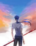  1boy back beads blue_hair chain cu_chulainn_(fate) cu_chulainn_(fate/stay_night) fate/stay_night fate_(series) floating_hair from_behind gae_bolg_(fate) hair_beads hair_ornament holding holding_polearm holding_weapon long_hair male_focus muscular muscular_male pants polearm ponytail shirt short_sleeves solo spiked_hair t-shirt weapon zuif_d 