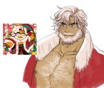  1boy bangs bara bare_pectorals beard blue_eyes chest_hair cookie_run dark-skinned_male dark_skin doosoo eggnog_cookie facial_hair jacket large_pectorals male_focus mature_male muscular muscular_male mustache nipples open_clothes open_jacket pectorals reference_inset santa_costume short_hair solo thick_eyebrows upper_body white_hair 