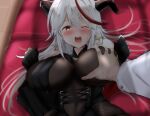  1girl aegir_(azur_lane) azur_lane black_gloves blush bodystocking breast_curtains breast_grab breasts commander_(azur_lane) commentary_request cross cross-laced_clothes cross_earrings demon_horns earrings eyebrows_visible_through_hair gloves grabbing hair_between_eyes horns jewelry large_breasts long_sleeves multicolored_hair one_eye_closed open_mouth red_hair streaked_hair teeth tonchinkan upper_body upper_teeth white_hair yellow_eyes 