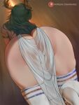  1girl araneesama armlet ass commentary english_commentary from_behind green_hair huge_ass kid_icarus kid_icarus_uprising laurel_crown long_hair looking_to_the_side palutena patreon_username see-through side_slit solo thighhighs thighs white_legwear 