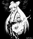  1girl absurdres bangs black_background bow burnt_clothes cigarette commentary_request dated feet_out_of_frame flaming_hand fujiwara_no_mokou greyscale hair_bow hand_in_pocket highres long_hair looking_at_viewer monochrome pants sen_(daydream_53) shirt simple_background smoke smoking solo suspenders touhou white_shirt 