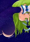  1girl armpits breasts dated detached_sleeves green_eyes green_hair hair_ornament hair_tubes hanging_breasts japanese_clothes kei_jiei kochiya_sanae large_breasts looking_at_viewer miko nipples nontraditional_miko nude signature sky snake snake_hair_ornament solo star_(sky) starry_sky topless touhou translucent_skin 