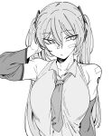  1girl absurdres bandage_on_face bandages bandaid bandaid_on_shoulder bare_shoulders bite_mark detached_sleeves greyscale hand_in_hair hand_up hatsune_miku highres long_hair monochrome necktie sideways_glance simple_background solo twintails upper_body urec vocaloid white_background 