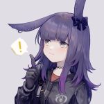  ! 1girl animal_ears arknights bangs black_bow black_gloves black_jacket bow closed_mouth commentary_request ear_bow ear_piercing gloves grey_background grey_eyes hair_twirling hand_up jacket long_hair long_sleeves looking_away miike_(992058) partial_commentary piercing rabbit_ears rope_(arknights) simple_background solo spoken_exclamation_mark 