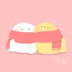  animal animal_focus bird blush cheek-to-cheek chick commentary_request friends ghost heads_together highres no_humans original pink_background scarf signature simple_background tsukune 