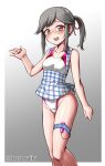  1girl alternate_costume apron bangs blue_apron blue_skirt blush competition_swimsuit eyebrows_visible_through_hair gingham gingham_apron grey_hair hair_ribbon highres kantai_collection kobeya_uniform long_hair masturbation one-hour_drawing_challenge one-piece_swimsuit open_mouth ponytail red_ribbon ribbon sex_toy sidelocks skirt solo stealth_masturbation sweat swimsuit swimsuit_under_clothes thigh_strap twitter_username usugumo_(kancolle) vibrator vibrator_in_thigh_strap yuki_to_hana 