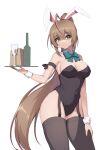  1girl absurdres ahoge animal_ears arm_ribbon bare_shoulders black_legwear black_leotard bow bowtie breasts brown_eyes brown_hair contrapposto covered_navel cowboy_shot detached_collar fake_animal_ears friend_(nanashi_mumei) garter_straps hand_on_own_thigh highleg highleg_leotard highres holding hololive hololive_english leotard long_hair looking_at_viewer medium_breasts nanashi_mumei parted_lips playboy_bunny ponytail rabbit_ears ribbon simple_background smile solo standing strapless strapless_leotard thighhighs very_long_hair virtual_youtuber whcjddbrhk22 white_background wrist_cuffs 