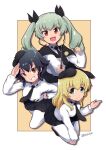  3girls anchovy_(girls_und_panzer) anzio_school_uniform bangs beret black_cape black_footwear black_hair black_headwear black_ribbon black_skirt blonde_hair blue_eyes braid brown_eyes buchikaki cape carpaccio_(girls_und_panzer) commentary dress_shirt drill_hair emblem eyebrows_visible_through_hair floating girls_und_panzer green_hair hair_ribbon hand_on_hip hat holding leaning_forward long_hair long_sleeves looking_at_viewer miniskirt multiple_girls necktie open_mouth outside_border pantyhose pepperoni_(girls_und_panzer) pleated_skirt red_eyes ribbon riding_crop salute school_uniform shirt shoes short_hair side_braid skirt smile tilted_headwear twin_drills twintails twitter_username white_legwear white_shirt wing_collar 