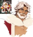  1boy bangs bara beard blue_eyes ch1du coat cookie_run eggnog_cookie facial_hair fur_trim head_tilt korean_commentary looking_at_viewer male_focus mustache parted_bangs pectoral_cleavage pectorals reference_inset santa_costume short_hair simple_background solo thick_eyebrows upper_body white_background white_hair 