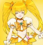  1girl blonde_hair bow brooch choker closed_eyes cowboy_shot crop_top cure_sunshine facing_viewer flower gradient gradient_background hair_bow hair_flower hair_ornament heartcatch_precure! highres jewelry long_hair magical_girl midriff myoudouin_itsuki navel nekozuka_(duka_nkdk) open_mouth orange_background orange_bow orange_choker orange_skirt precure puffy_sleeves ribbon_choker simple_background skirt smile solo standing twintails wrist_cuffs yellow_background yellow_theme 
