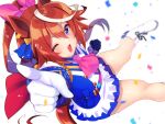  1girl ;d animal_ears ascot asymmetrical_gloves blue_gloves boots brown_hair clenched_hand confetti eyebrows_visible_through_hair gloves hair_ribbon horse_ears horse_girl horse_tail index_finger_raised light_blue_eyes long_hair long_sleeves mismatched_gloves multicolored_hair nnmi11 one_eye_closed pink_ascot pink_ribbon ponytail ribbon simple_background smile solo streaked_hair tail tokai_teio_(umamusume) two-tone_hair umamusume v-shaped_eyebrows white_background white_footwear white_gloves white_hair 