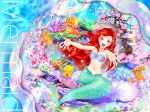  1girl :d aqua_eyes ariel_(disney) bangs bare_shoulders bikini blue_background breasts cherry_blossoms cleavage collarbone commentary_request coral coral_reef earrings fish flounder_(the_little_mermaid) full_body hair_ornament jewelry long_hair looking_at_viewer makeup mermaid monster_girl navel necklace one_eye_closed open_mouth outstretched_arms pearl_necklace reaching_out red_hair shell shell_bikini sitting small_breasts smile solo_focus stomach swimsuit teeth the_little_mermaid tree uniko_(monyonyo03) upper_teeth 