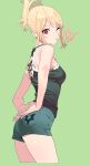  1girl ;o arms_behind_back bangs black_shirt blonde_hair camisole commentary cowboy_shot cropped_legs folded_ponytail from_side green_background heart henken highres looking_at_viewer looking_back one_eye_closed open_mouth original red_eyes shirt short_hair short_shorts shorts sidelocks sienna_(henken) simple_background solo 