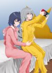  2girls 7201980305 :o absurdres bangs bed bed_sheet bedroom blue_hair bronya_zaychik closed_eyes closed_mouth controller drill_hair grey_eyes grey_hair hair_between_eyes highres holding holding_controller honkai_(series) honkai_impact_3rd hug hug_from_behind indoors long_hair long_sleeves multiple_girls nintendo_switch on_bed onesie open_mouth pajamas seele_vollerei short_hair sitting sitting_on_bed sitting_on_person smile twin_drills 
