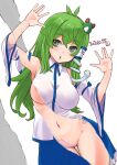  1girl ahoge ass_visible_through_thighs blue_skirt breasts detached_sleeves frog frog_hair_ornament green_eyes green_hair hair_ornament hair_tubes hands_up japanese_clothes kei_jiei kochiya_sanae large_breasts miko navel nipple_slip nipples no_bra nontraditional_miko panties ripping skirt snake snake_hair_ornament solo tearing_clothes thigh_gap torn_clothes touhou underwear 