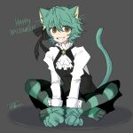  1girl animal_ears black_ribbon brown_eyes cat_ears cat_tail emma_hawkins fake_animal_ears green_hair hair_ribbon halloween_costume indian_style long_sleeves puffy_long_sleeves puffy_sleeves ribbon short_hair sitting smile solo striped striped_legwear tail turtle_head 