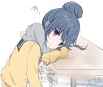  1girl annoyed arm_at_side arm_support bangs blue_hair bored closed_mouth commentary_request core_(mayomayo) dated hair_bun long_hair looking_at_viewer purple_eyes sailor_collar scarf school_uniform shima_rin sitting solo sweater table white_background yellow_sweater yurucamp 