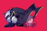  2boys arm_up black_cape blue_eyes cape closed_mouth commentary_request full_body higa423 kirby kirby_(series) male_focus mask meta_knight multiple_boys red_background simple_background sitting yellow_eyes 