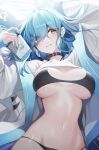  1girl bangs bikini black_bikini black_choker blue_hair breasts choker commentary eyes_visible_through_hair grin hair_over_one_eye highres holding jacket large_breasts long_hair long_sleeves looking_at_viewer marin_(ness_(pjw0168)) navel ness_(pjw0168) nintendo_switch open_clothes open_jacket original shirt smile solo stomach swimsuit symbol-only_commentary upper_body white_jacket white_shirt yellow_eyes 