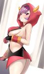  1girl absurdres bangs black_gloves blush breasts commentary_request courtney_(pokemon) enishi96 eyelashes gloves highres looking_back parted_lips pokemon pokemon_(game) pokemon_oras purple_eyes purple_hair short_hair sideboob solo sweat team_magma team_magma_uniform 