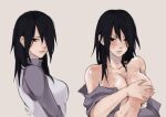  1girl areola_slip areolae black_eyes black_hair blush boruto:_naruto_next_generations breasts commentary covering covering_breasts cubur_ns earrings english_commentary genderswap genderswap_(mtf) grey_background grey_shirt hair_over_one_eye jewelry large_breasts long_sleeves looking_at_viewer md5_mismatch medium_hair multiple_views naruto_(series) pale_skin shirt simple_background sweat uchiha_sasuke upper_body 