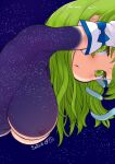  1girl armpits breasts dated detached_sleeves green_eyes green_hair hair_ornament hair_tubes hanging_breasts japanese_clothes kei_jiei kochiya_sanae large_breasts looking_at_viewer miko nipples nontraditional_miko nude signature sky snake snake_hair_ornament solo star_(sky) starry_sky topless touhou translucent_skin 