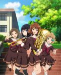  4girls ahoge bangs black_hair black_legwear blue_sky bow brown_coat brown_eyes brown_hair brown_shirt building buttons coat curtains day double-breasted euphonium hair_between_eyes hair_bow hair_ornament hairclip hibike!_euphonium highres holding holding_instrument instrument katou_hazuki kawashima_sapphire kitauji_high_school_uniform kneehighs kousaka_reina long_hair long_sleeves looking_at_viewer multiple_girls official_art open_mouth oumae_kumiko outdoors parted_bangs polka_dot purple_eyes sailor_collar school_uniform serafuku shirt short_hair sky smile stairs standing standing_on_one_leg teeth thighhighs tree trumpet upper_teeth white_background white_sailor_collar window 