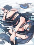  1girl absurdres arisu_(blue_archive) blue_archive blue_eyes blurry blurry_background blurry_foreground blush clothing_aside collarbone commentary_request dark_blue_hair floor game_console hair_between_eyes halo highres long_hair lying nude on_side ronnie_choy smile solo very_long_hair 